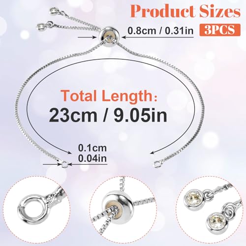 Joez Wonderful 3pcs Adjustable Slider Bracelet for Jewelry Making, Silver Plated Charm Bracelet Extender Chains with Rhinestones Ends for Women DIY Bracelet Jewelry Craft Supplies - color: Silver