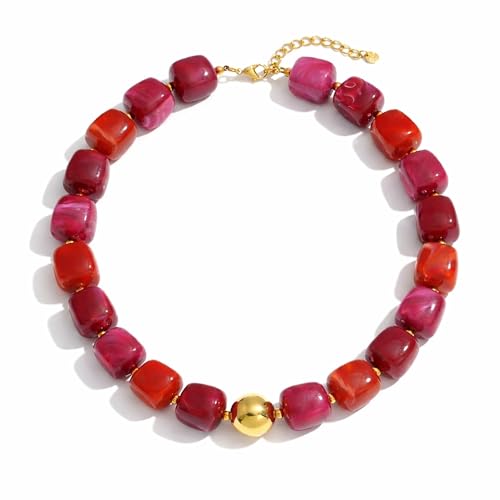 Mchic Colorful Beaded Choker Necklace for Women: Boho Large Square Acrylic Beaded Necklace Stainless Steel Adjustable Surfer Beach Strand Necklaces Summer Handmade Jewelry Gift for Women - color: Red