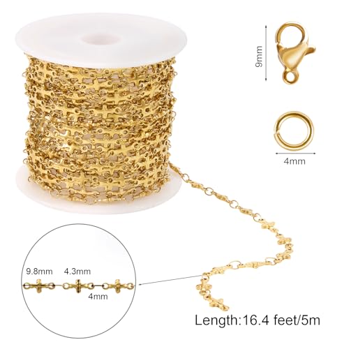 SMYHTGLIF 13 Feet Gold Cross Chain for Jewelry Making Stainless Steel Chain Bulk Craft Jewelry with Lobster Clasps and Jump Rings - color: Cross Gold