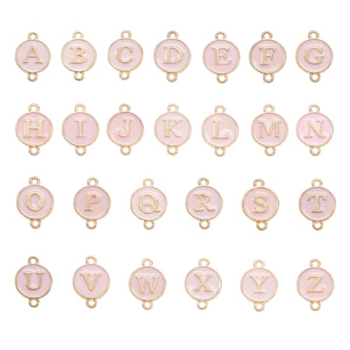 KISSITTY Flat Round with Alphabet Connector Charms Alloy Enamel Letter Links Connectors for DIY Bracelet Earring Jewelry Making - color: Pink