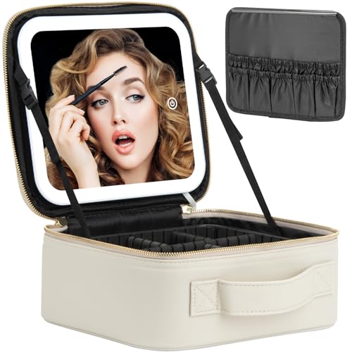 Extrei Gent Makeup Travel Train Case with Mirror LED Light 3 Adjustable Brightness Large Cosmetic Bag Portable Storage Adjustable Partition Waterproof Make up Brushes Makeup Jewelry Gift for Women - color: Light Gray