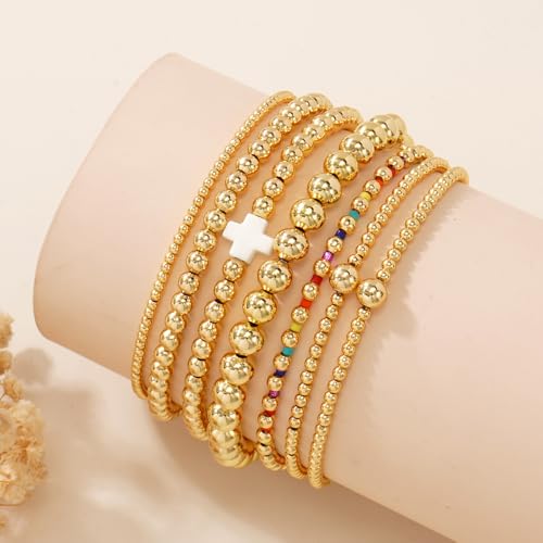 14K Gold Beaded Cross Beaded Bracelet Stack Set for Women,7PCS Bohemian Colorful Beads Ball Stretch Stackable Bracelets Trendy Holiday Birthday Gift - color: White