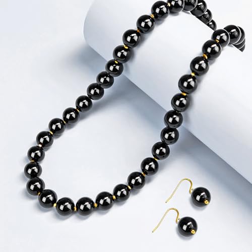 Gemstone Beaded Necklace for Women, Trendy 18K Gold Plated Hematite Natural Stone Bead Choker, Boho Handmade Summer Beach Necklaces for Women Everyday Western Jewelry Gifts - color: 04-Black Onyx