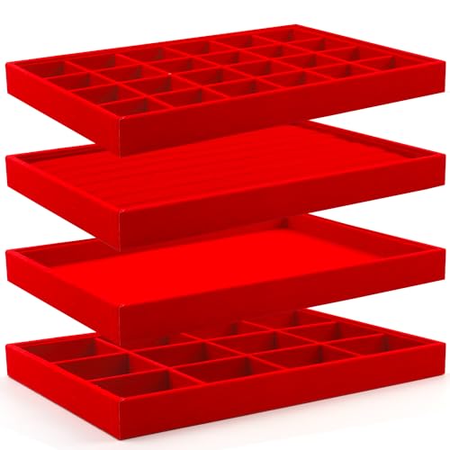 Lainrrew Jewelry Tray, 4 Pack Jewelry Organizer Velvet Jewelry Tray Stackable Jewelry Trays, Necklace & Earring Holder, Divided Bracelet & Ring Storage, 13.8"x9.5"x1.2" - Elegant Display Case (Red) - color: Red
