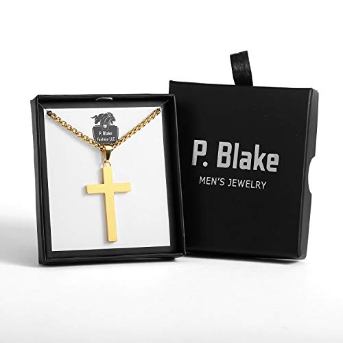 P. BLAKE Stainless Steel Cross Pendant Necklace for Men Boys, Christian Cross Pendant with 16-24 Inches Chain Cross Necklace Jewelry Gifts - size: 24 inches, style: Gold Pendant 1.7*0.9
