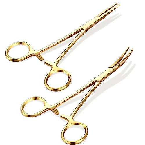 BBTO Hemostat Curved and Straight Hemostat Forceps Piercing Pliers Forceps, Stainless Steel Straight and Curved Pliers, Fishing Tweezer(Gold,2 Pcs) - color: Gold