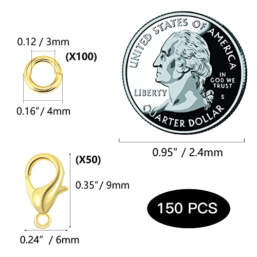 ALEXCRAFT Lobster Clasps for Jewelry Making, 150pcs 10mm Lobster Claw Clasps with Open Jump Rings Necklace Bracelet Extender 14K Gold Clap for DIY Jewelry Repair(Gold) - color: Gold
