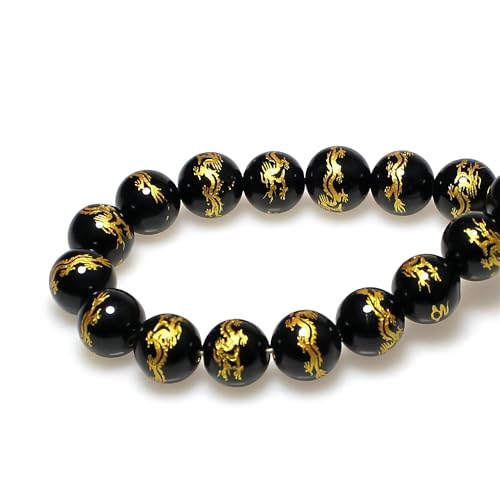 MJDCB Natural Stone Beads 10mm 35pcs Round Black Onyx Carved Dragon Loose Gemstone Bead Charms for Jewelry Making Bracelet Necklace Earring Pendant - color: Black Onyx Carved Dragon, size: 10mm