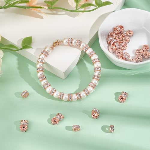 PH PandaHall 50pcs Rondelle Spacer Beads, 8mm Crystal Rhinestone Round Beads Sparkling Czech Rhinestone Loose Bead with 1.5mm Hole for Bracelet Necklace Earring Pendant Jewelry Craft, Rose Gold - color: Rose Gold, size: Diameter 8mm
