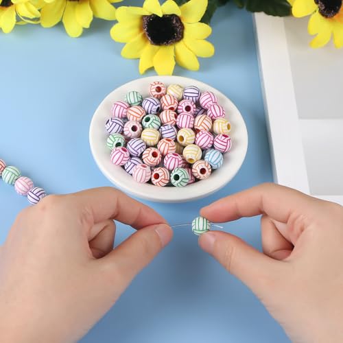 100pcs Volleyball Beads with 5.5 Yard Elastic Rope,Acrylic Sports Beads DIY Spacer for Necklace Bracelet Keychains Handmade Jewelry Making Accessories Craft Supplies,12mm(Rainbow Volleyball) - color: Rainbow Volleyball