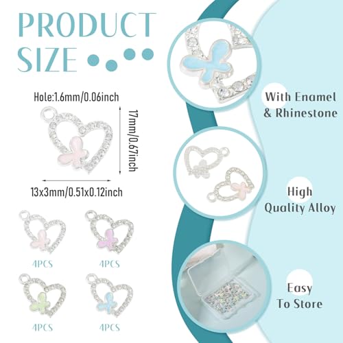 FASHEWELRY 16Pcs Alloy Rhinestone Pendants Heart with Butterfly Enamel Charms Crystal Hollow Heart Rhinestone Dangle Pendants Silver for DIY Earring Necklace Jewelry Making - color: Heart with Butterfly-Silver
