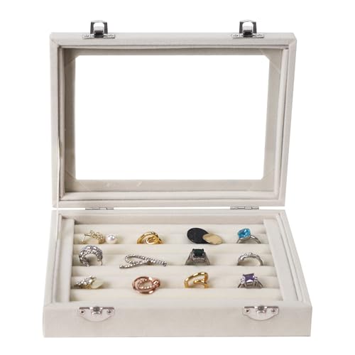 Jewelry Box Rings Organizer Tray 7 Slots Velvet Jewelry Earring Storage Box With Transparent Lid Jewelry Display Case for Girls Women (Beige) - color: Beige