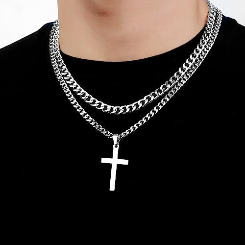 SENRAN Layered Cross Necklace for Men Boys Stainless Steel Layered Cuban Link Chain 16-24 inch Christian Cross Pendant Religious Jewelry Gifts - color: Silver, style: 22inch/24inch