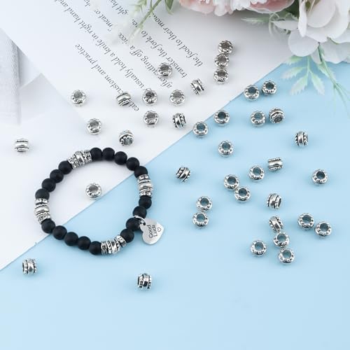 60Pcs Antique Silver Barrel European Beads 4mm Large Hole Spacer Beads Silver European Rondelle Bead Bulk Antique Tibetan Metal Column Barrel Charm Bead for Bracelets Earring Necklace Jewelry Making