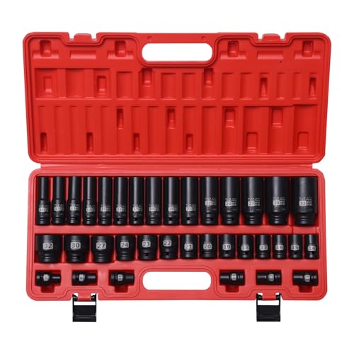 1/2 Drive Impact Socket Set, 35 PCS Metric Shallow (8mm-32mm) & Deep (10-32mm) Sizes, 6 Point, CR-MO Alloy Steel Axle Nut Socket for Auto Repair - size: 1/2" Deep&standard 35pc