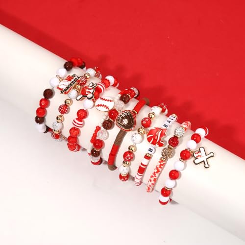 2400PCS+ Baseball Beads for Bracelet Making Clay Heishi Beads Crystal Pearl Letter Gold Spacer Bead Baseball Charms for Bracelet Necklace Making Game Day Party Favors DIY Crafts (Red White)