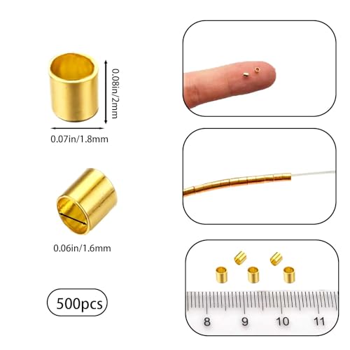 500Pcs 2mm 14K Gold Crimp Beads Tube Set - Universal Positioning Columns Spacer Beads Metal Tube Loose Beads for DIY Jewelry Making and Necklace Bracelets Anklets Making(14K Gold) - color: 14K Gold