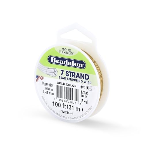 Beadalon 7 Strand Bead Stringing Wire, 0.018 in / 0.46 mm, Gold Color, 100 ft / 31 m - color: Gold, style: .018 in / 0.46 mm , 100 ft / 31 m