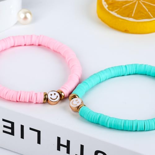 JIASHUYEYE Preppy Bracelets for Teen Girls - Stackable Boho Surfer Friendship Bracelets Set for Little Girls & Women - style: 18Pcs - Smiley Face A