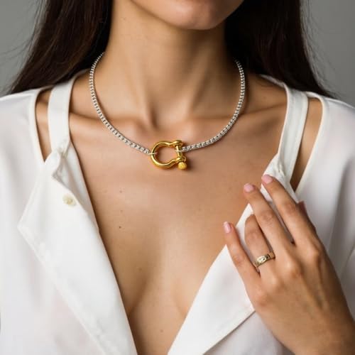 18K Gold Plated Buckle Necklace with Heavy Screw Anchor Shackle Wheat Chain Two Tone Carabiner 17.7 Inch Stainless Steel Foxtail Chain - color: Silver necklace with gold clasp