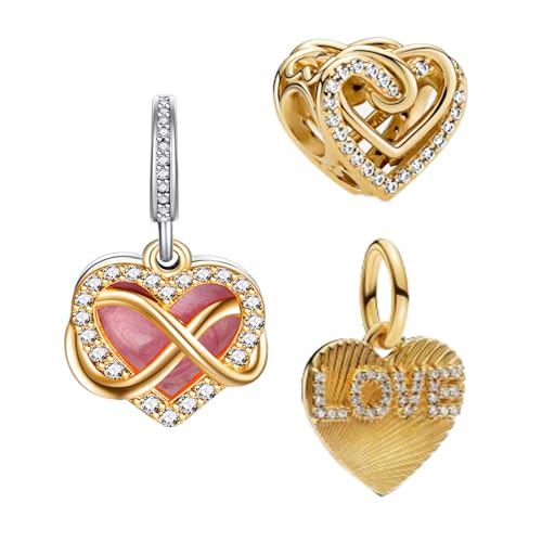 925 Sterling Silver Charms for Bracelets Gold Love and Heart Charms Cherry Blossom Dangle Beads Jewelry for Women - color: Gold Heart Pendant & Eternal Heart Pendant & Gold Love Pendant