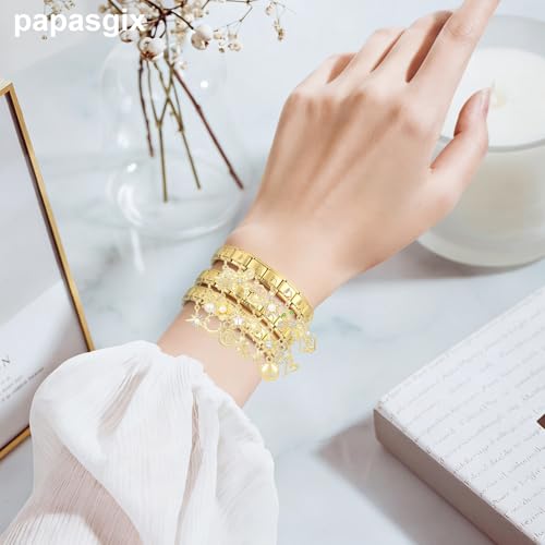 papasgix Italian Charm Bracelet Gold Set with Starter Brascelet, Assorted Charms and Opening Tools, 9mm Modular Italian Charm Bracelet Links Handmade DIY Jewelry Gifts Diamond Pendant
