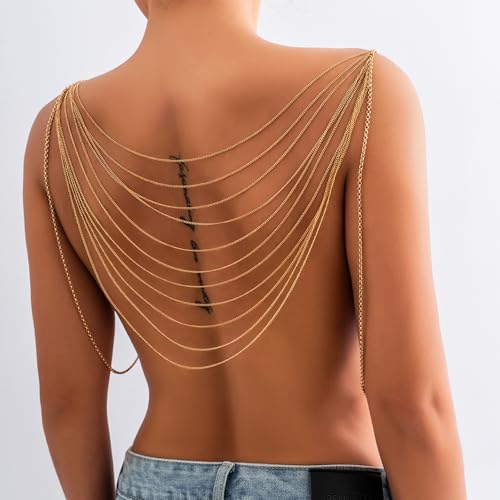 Body Chain,Body Jewelry for Women,Sexy Layered Chest Chain,Layered Adjustable Waist Jewelry for Beach Accessories,Gold Plated Waist Chains - color: Gold-I