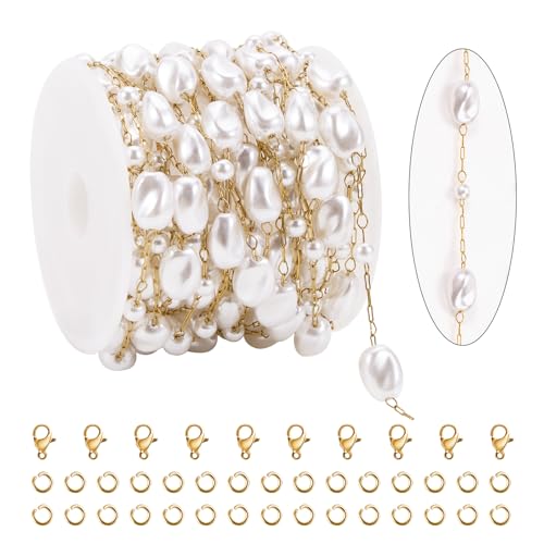 KYUNHOO Gold Plated Chain Roll on Spool 16.4 Feet Irregular Pearl Chains for Jewelry Making Stainless Steel Jewelry Supplies with Lobster Clasps Jump Rings for DIY Crafting - color: Irregular Bead Gold