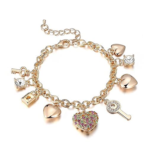 SILANER Gold Chain Link Bracelet - 7"+ 2" Extender 14K Gold Plated Love Locked Bracelets for Women, with Crystal, Love Heart,Key, Lock, Charm Bracelet - color: Multicolor Crystal Love Locked Gold Charm