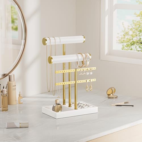 bussdis 3 Tier Bracelet Holder Display - White Leather Bracelet Holder, Detachable T Bar Jewelry Holder Organizer for Bracelet, Necklace, Earrings, Rings, Watches, Bangle - color: White