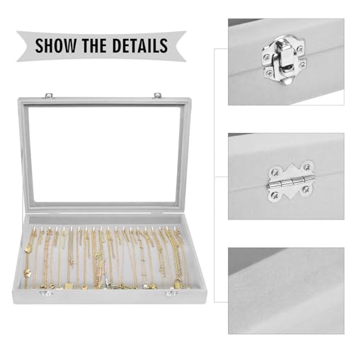 Siveit Necklace Organizer Box Premium 20 Hooks Velvet Necklace Display Jewelry Tray with Transparent Lid Jewelry Necklace Display Box for Necklace Pendants Suitable for Women and Girls (Grey) - color: Grey
