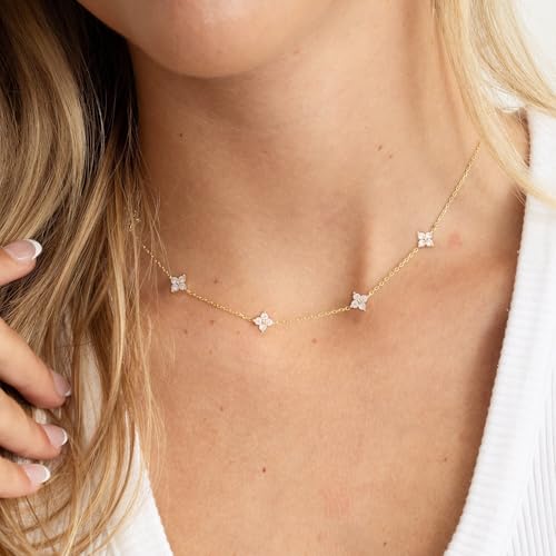 Mothers Day Gifts - Dainty Silver Gold Necklaces for Women Cute Station Choker Simulated Diamond Necklace Simple Layering CZ Necklace Trendy Jewelry Gifts - color: Gold, style: Flower