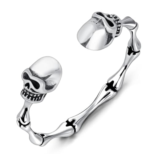 Stainless Steel Cuff Bracelet,Retro Gothic Punk Biker Cool Open Adjustable Cuff Bangle Bracelets Jewelry for Men Silver - style: Skull Bone