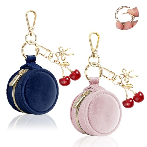 Jewelry Ring Holder Keychain, 2 Pack Velvet Jewelry Holder Storage Box with Buckle, Portable Small Travel Ring Keeper Case for Rings, Earrings, Stud, Necklaces (Pink+Dark Blue) - color: Pink+Dark Blue