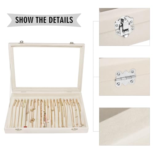 Siveit Necklace Organizer Box Premium 20 Hooks Velvet Necklace Display Jewelry Tray with Transparent Lid Jewelry Necklace Display Box for Necklace Pendants Suitable for Women and Girls (Beige) - color: Beige