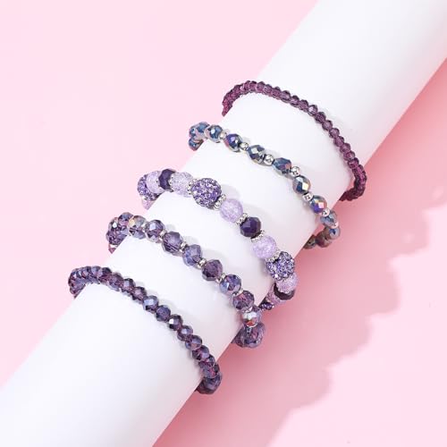 5Pcs Beaded Bracelets for Women, Bohemian Glass Faceted Crystal Beads Bracelet, Stackable Boho Disco Ball Stretch Bracelets, Multilayered Purple Jewelry Gift for Women, Mother's Day - color: Purple
