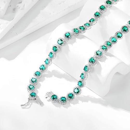 Gemsme 18K White Gold Plated Halo Necklace 5.0mm Round Cubic Zirconia Classic Tennis Necklace - color: White Gold - Green, size: 22 inch