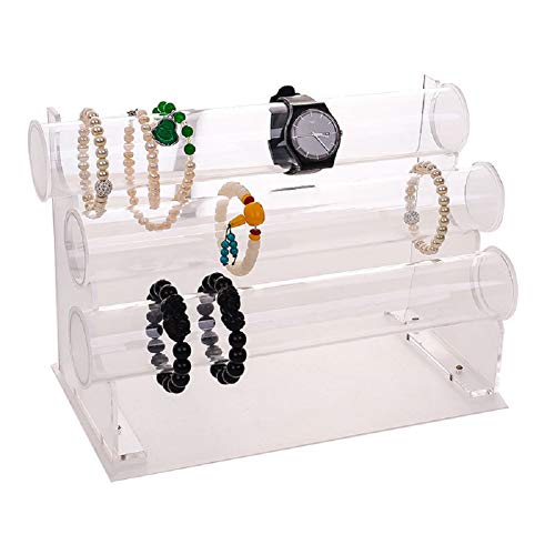 ChezMax Triple Tier Jewery Display Removable Bracelet Holder Jewelry Stand Necklace Stand Jewelry Towers and Watch Holder for Home Organization - color: D- Clear
