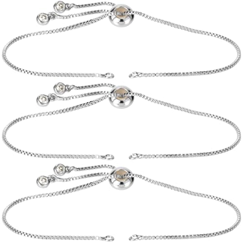 Joez Wonderful 3pcs Adjustable Slider Bracelet for Jewelry Making, Silver Plated Charm Bracelet Extender Chains with Rhinestones Ends for Women DIY Bracelet Jewelry Craft Supplies - color: Silver
