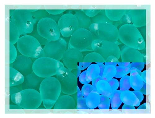 Czech 50-Piece Glass Beads, 6x9mm, Teardrop Transparent Turqouise Matte - color: Transparent Turqouise Matte (UV glow)