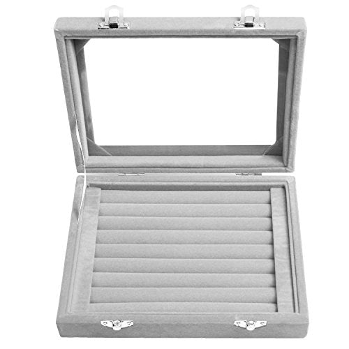 Jewelry Box Rings Organizer Tray 7 Slots Velvet Jewelry Earring Storage Box With Transparent Lid Jewelry Display Case for Girls Women (Gray) - color: Gray