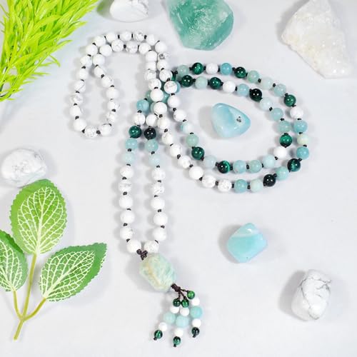 108 Mala Beads Genuine Semi-Precious Gemstone Hand Knotted 8MM Prayer Beads Long Multicolor Necklace 40 Inches - style: peace