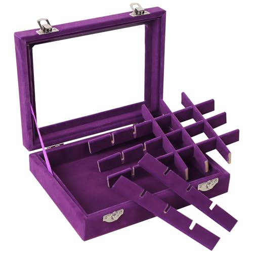 Velvet Jewelry Box 24 Grid Jewelry Earrings Display Organiser Box Ring Tray Holder Earrings Storage Case for Girls Women Wife Mom (Purple) - color: Purple