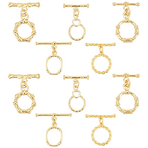 PH PandaHall 18K Gold Jewelry Clasps, Hollow Toggle Clasps Oval T-Bar Links Bracelet Closure Hook Fastener IQ End Connectors for Necklace Jewelry Making, 10 Sets - color: 5 Styles