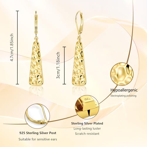 ALEXCRAFT 925 Sterling Silver Dangle Earrings for Women, 14K Gold Plated French Leverback Earrings, Hypoallergenic Lightweight Statement Hammer Square Bar Long Drop Earing for Women Trendy Jewelry - color: GoldA