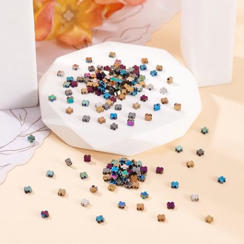 200 Pcs Hematite Cross Beads for Jewelry Making 3 mm Natural Hematite Beads Small Cross Crucifix Bracelet Charms Gemstone Round Loose Bead for Women Men Bracelet Jewelry Making - color: Hematite-Colorful
