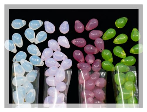 120+ Bead Kit of 6x9mm Pendant Drop Beads - Teardrop Glass Beads for Jewelry Making Set in 4 Opal Colors: White, Pink, Dark Pink, Grass Green - color: SET Teardrop Opal