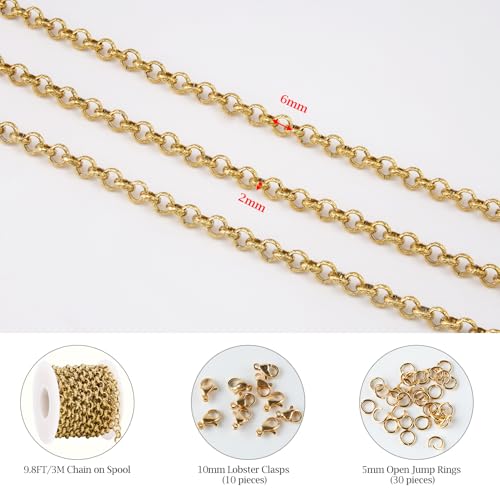 KYUNHOO 9.8FT/3M Gold Chain for Jewelry Making Textured Circle Links on Spool Stainless Steel Jewelry Chains Bulk for Necklace Bracelet DIY with Lobster Clasps Jump Rings - color: Circle Gold
