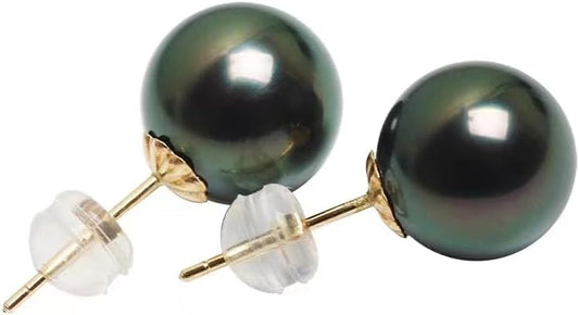Gifts for Wife Anniversary 18K Gold Pearl Stud Earrings for Women- Genuine Handpicked Nature Tahitian Black Pearls Earring- Birthday Christmas Mothers Day Valentine's Jewelry Gifts