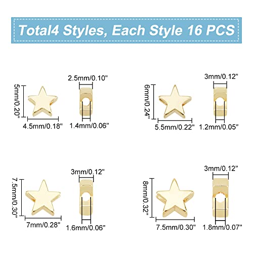 PH PandaHall 64pcs 14K Gold Star Beads, 4 Sizes Brass Star Spacer Beads Long Lasting Loose Beads for Necklace, Bracelet, Earring Jewelry DIY Craft Valentine, Mothers Day, Thanksgiving
